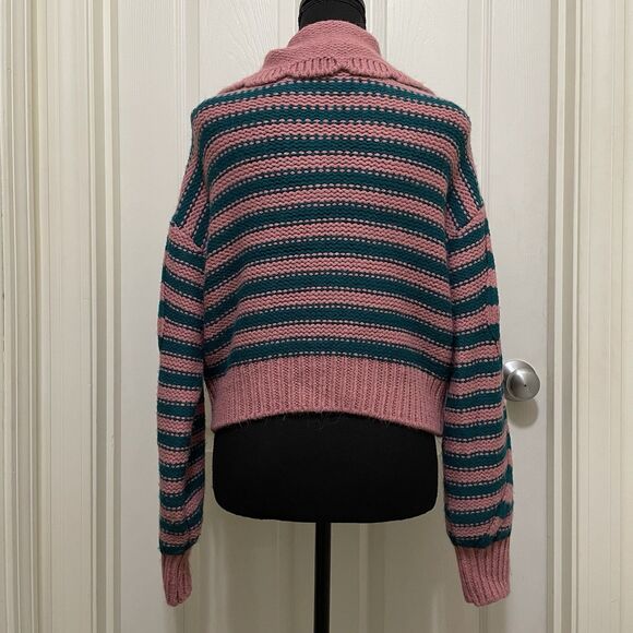 ZARA Striped Cable Knit Sweater Cropped Pink Teal Soft Women's Small S Retro - Picture 3 of 9